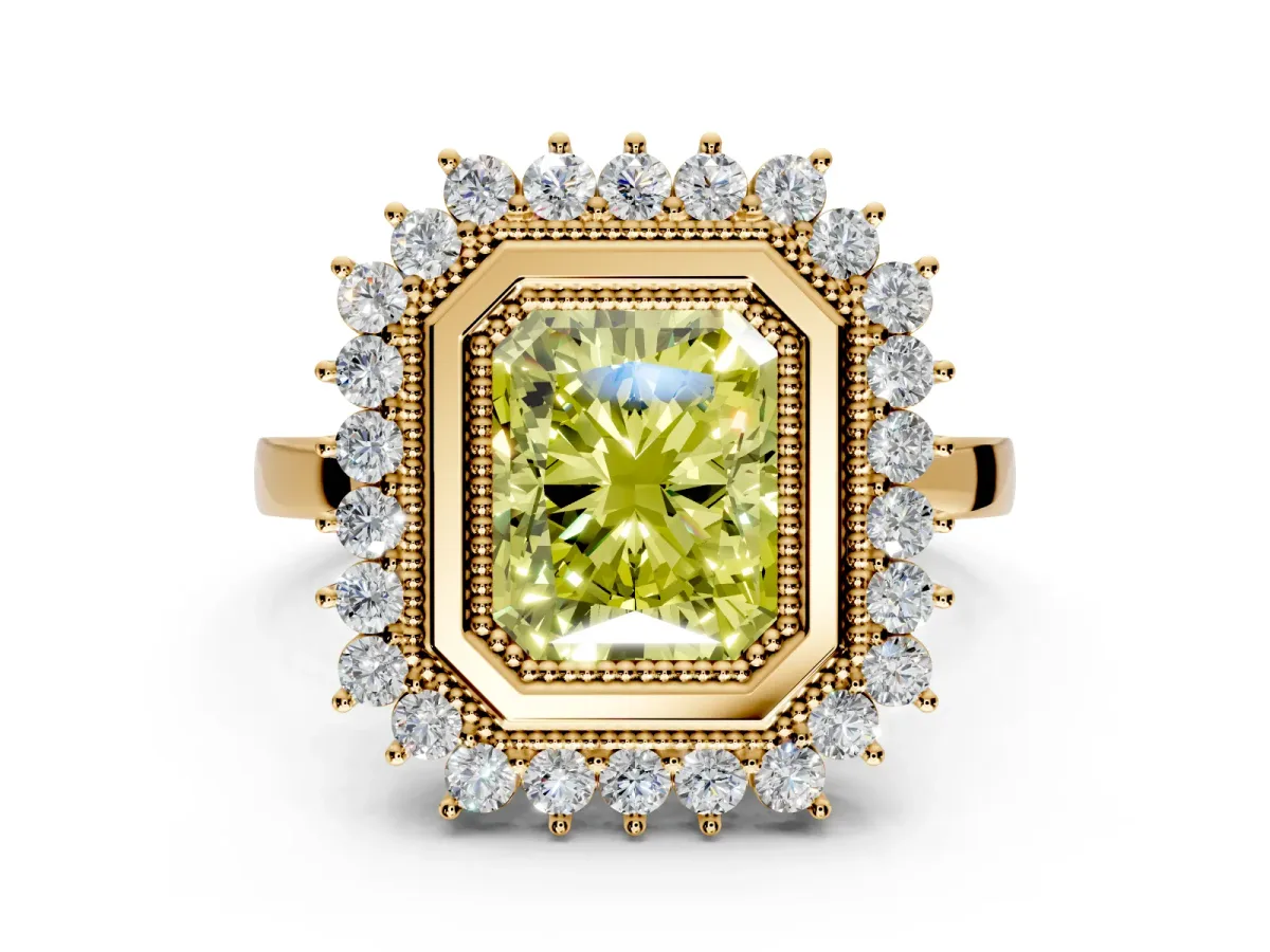 Halo Engagement Ring Setting for Fancy Yellow Radiant Cut Center with Milgrain Bezel Rim, Plain Band and Prong Head in Yellow Gold