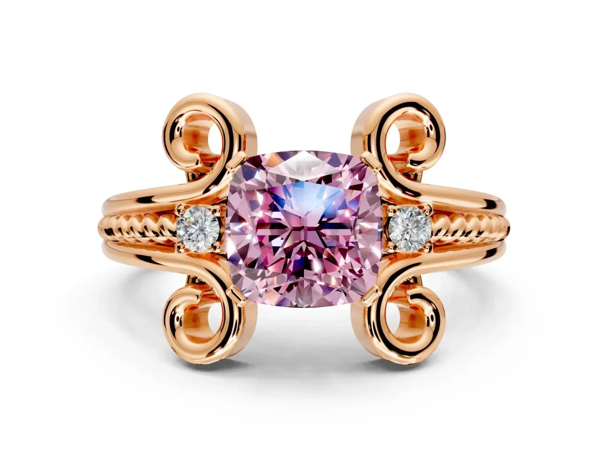 Solitaire Engagement Ring Setting for Fancy Pink Cushion Cut Center with Twisted Band and Scroll Prong Head in Rose Gold