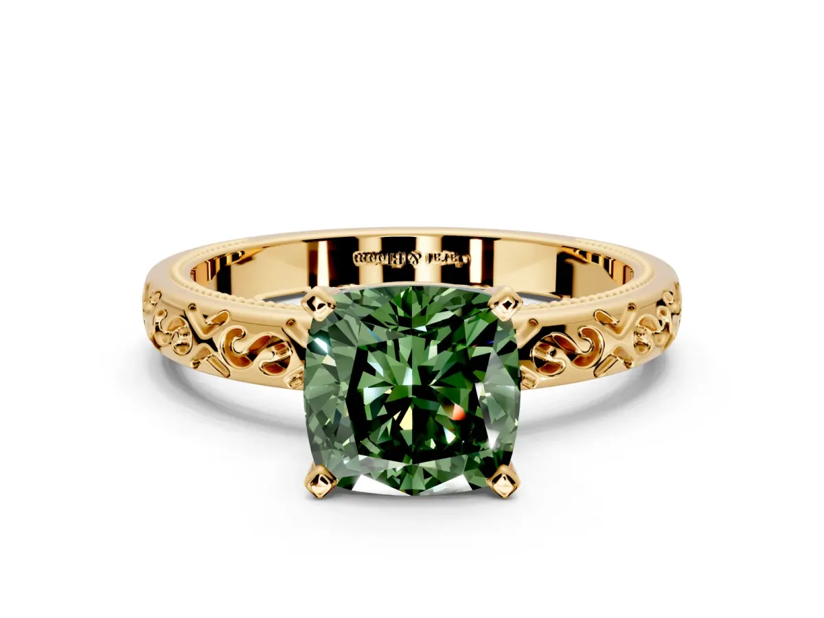 Solitaire Engagement Ring Setting for Fancy Green Cushion Cut Center with Scrollwork Band and Prong Head in Yellow Gold