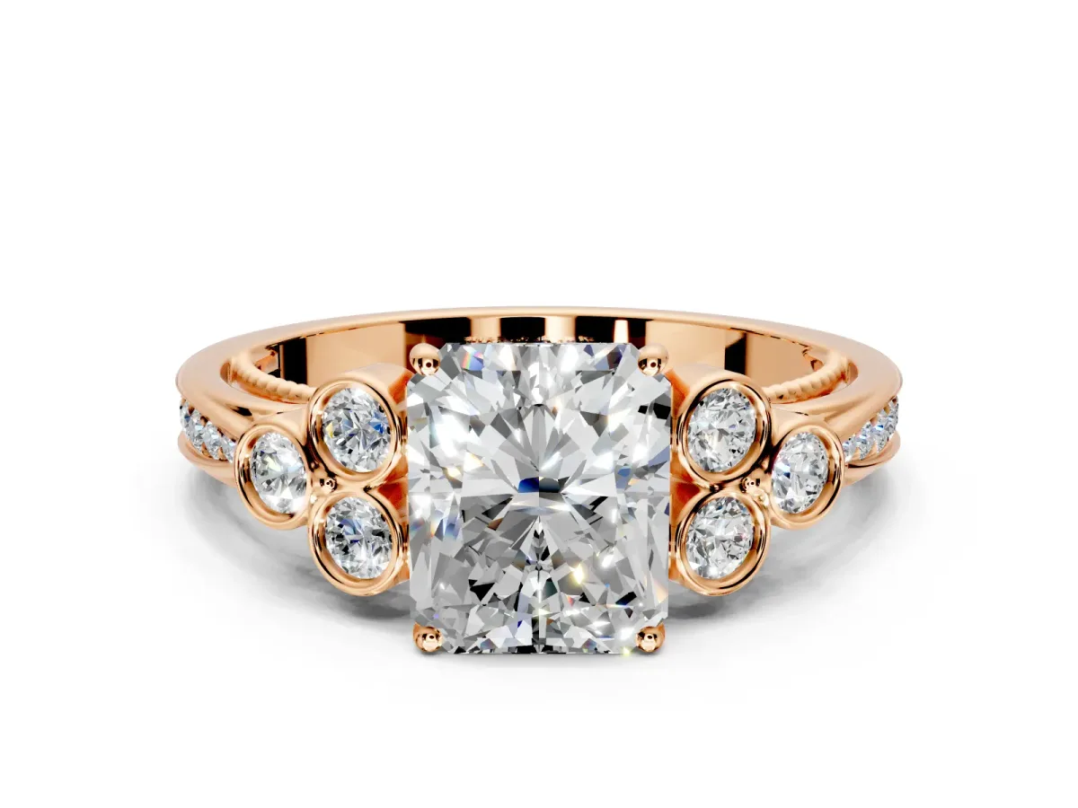 Cluster Engagement Ring Setting for Radiant Cut Center with Bezel Accent Clusters and Prong Head in Rose Gold