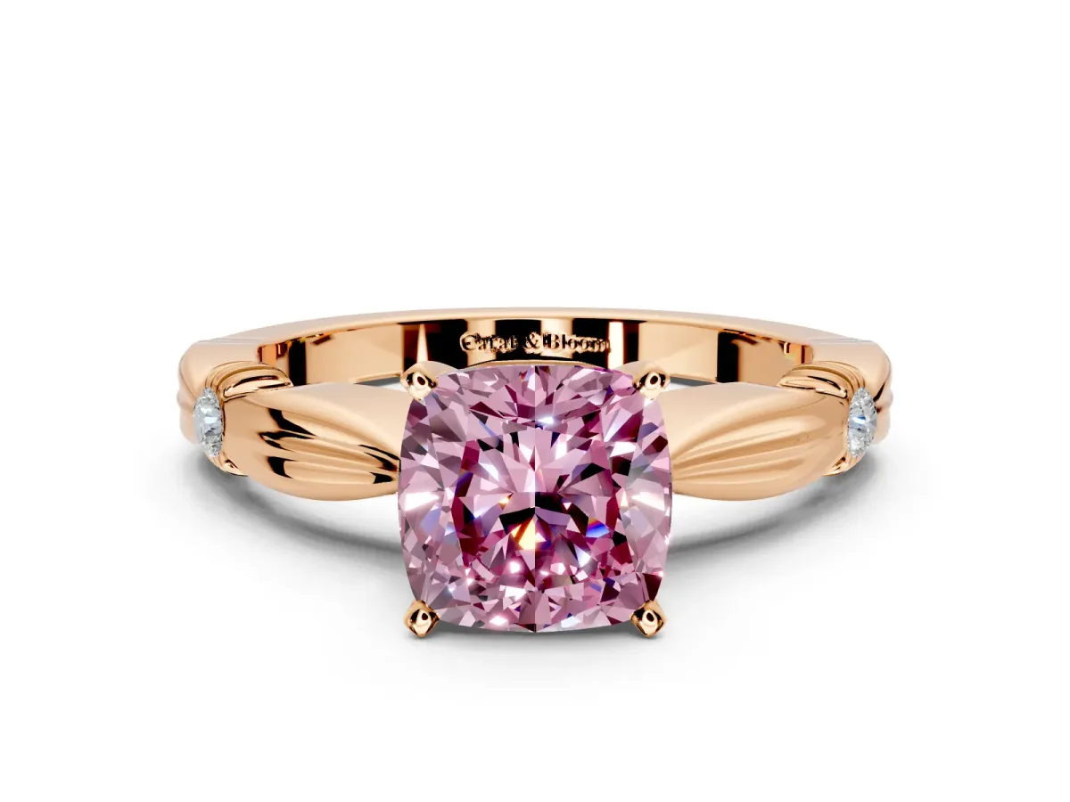 Solitaire Engagement Ring Setting for Fancy Pink Cushion Cut Center with Carved Leaf Shoulders and Prong Head in Rose Gold