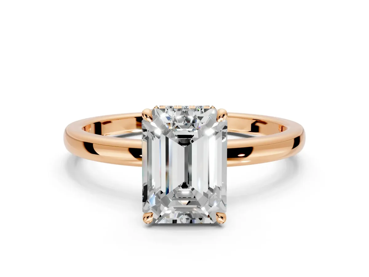 Hidden Halo Engagement Ring Setting for Emerald Cut Center with Plain Band and Tall Prong Head in Rose Gold