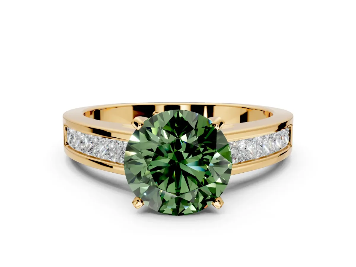 Solitaire Engagement Ring Setting for Fancy Green Round Cut Center with Princess Cut Channel Band and Prong Head in Yellow Gold
