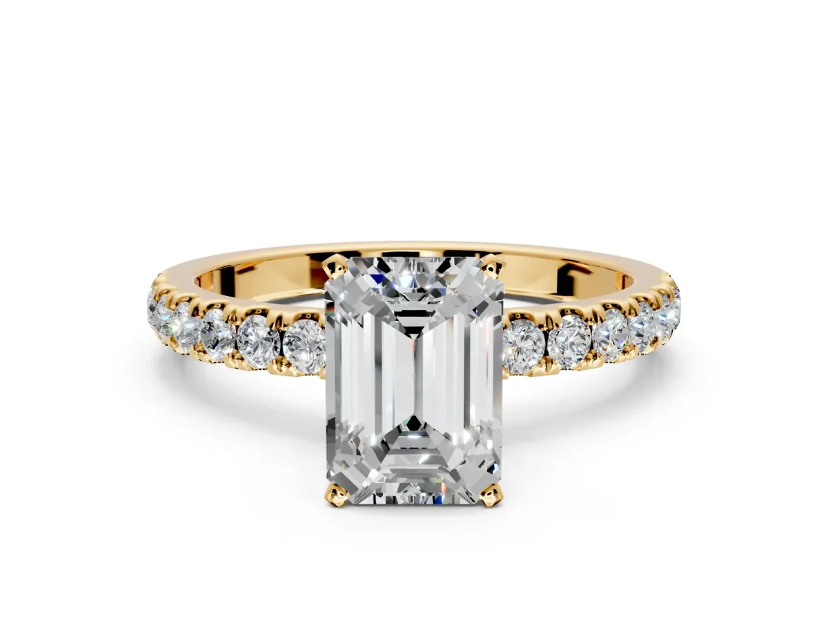 Open Basket Engagement Ring Setting for Emerald Cut Center with Pave Band and Prong Head in Yellow Gold
