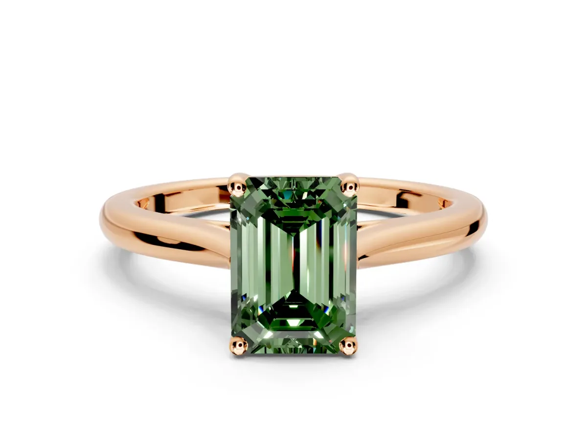 Solitaire Engagement Ring Setting for Fancy Green Emerald Cut Center with Narrow Cathedral Band and Prong Head in Rose Gold