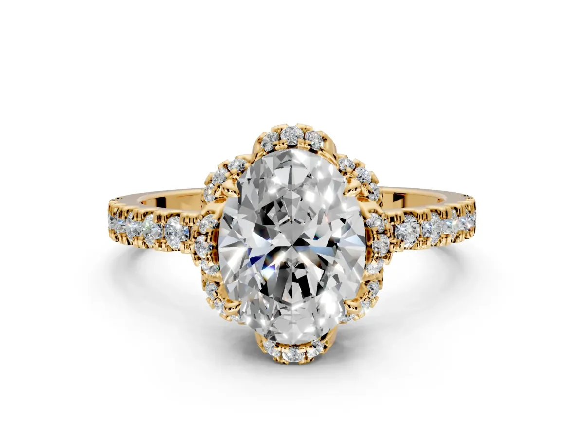 Halo Engagement Ring Setting for Oval Center with Openwork Halo, Pave Band and Prong Head in Yellow Gold