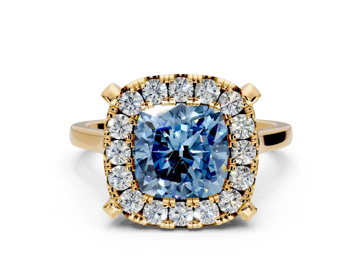 Single Halo Engagement Ring Setting for Fancy Blue Cushion Cut Center with Corner Claws, Plain Band and Prong Head in Yellow Gold