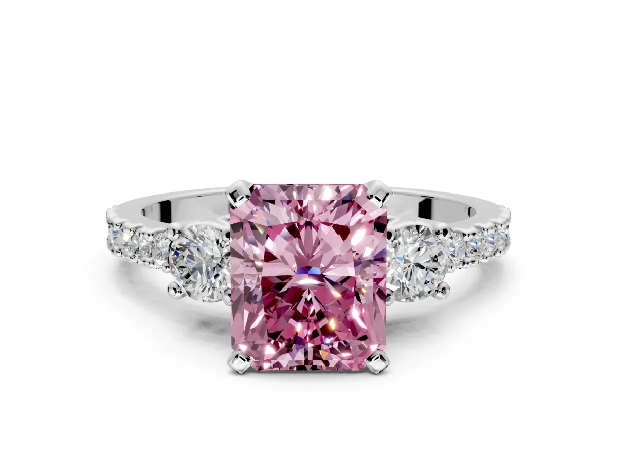 3 Stone Engagement Ring Setting for Fancy Pink Radiant Cut Center with Round Cut Side Accents and Prong Head in Platinum