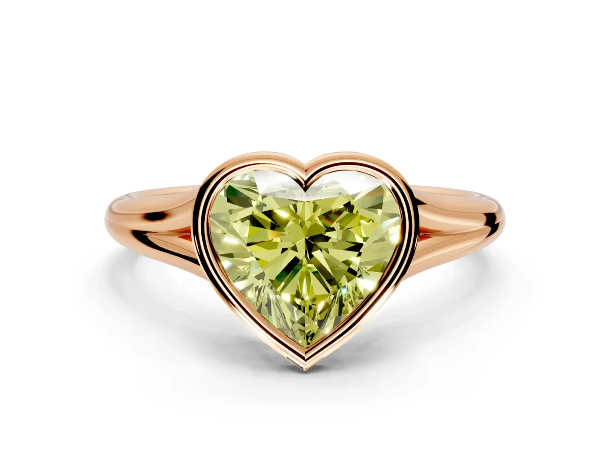 Solitaire Engagement Ring Setting for Fancy Yellow Heart-Shaped Center with V Split Shank and Bezel Head in Rose Gold