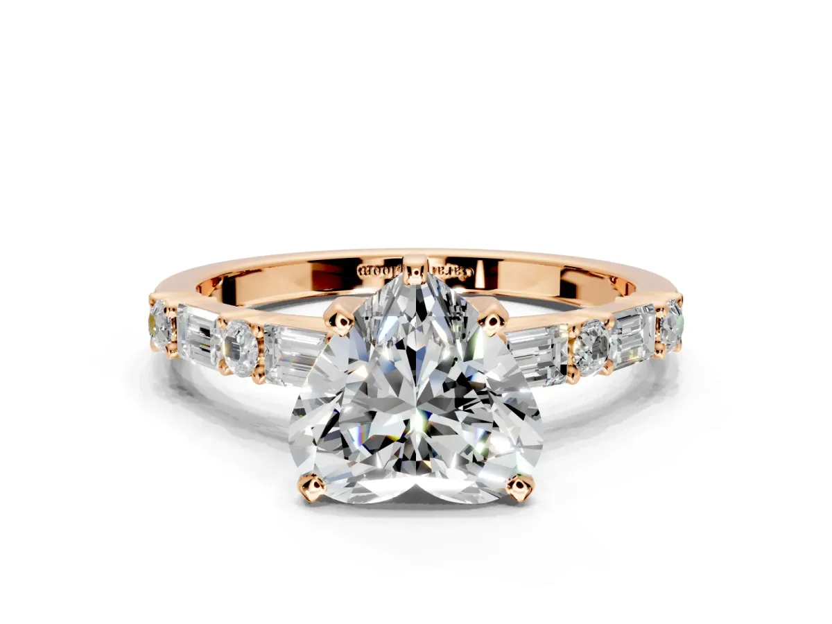 Baguette Engagement Ring Setting for Heart-Shaped Center with Alternating Bar-Set Band and Prong Head in Rose Gold