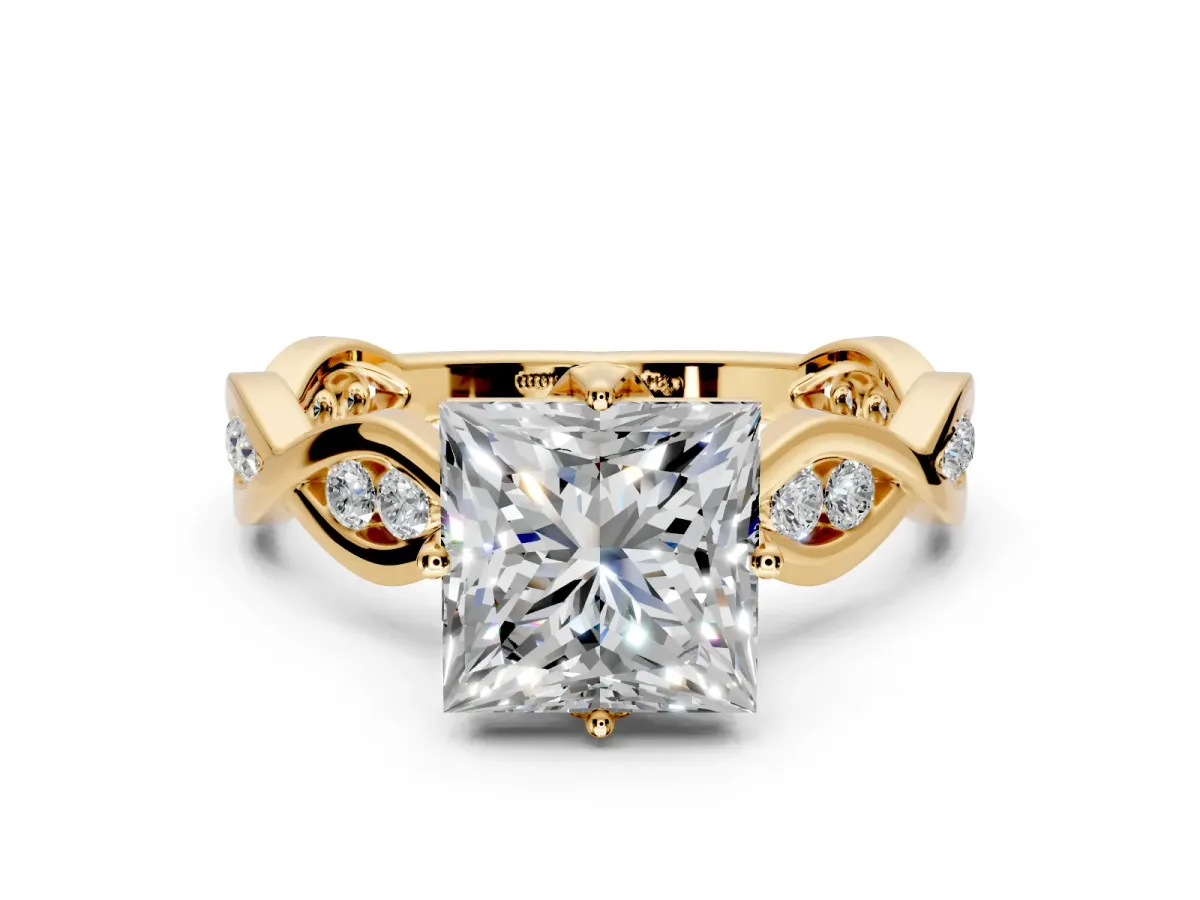 Solitaire Engagement Ring Setting for Princess Cut Center with Accented Twist Band and Leaf Prong Head in Yellow Gold