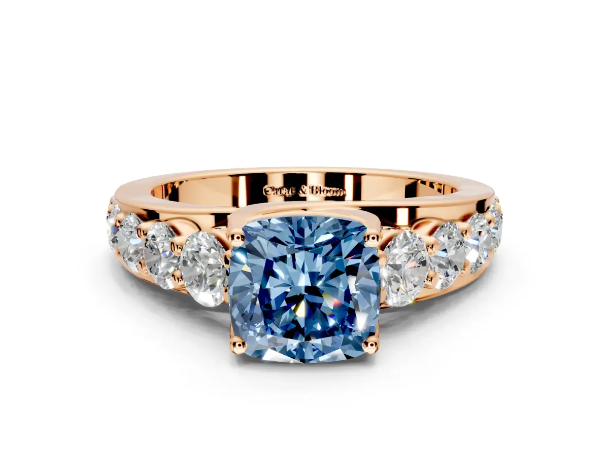 Solitaire Engagement Ring Setting for Fancy Blue Cushion Cut Center with Graduated Shared Prongs and Prong Head in Rose Gold