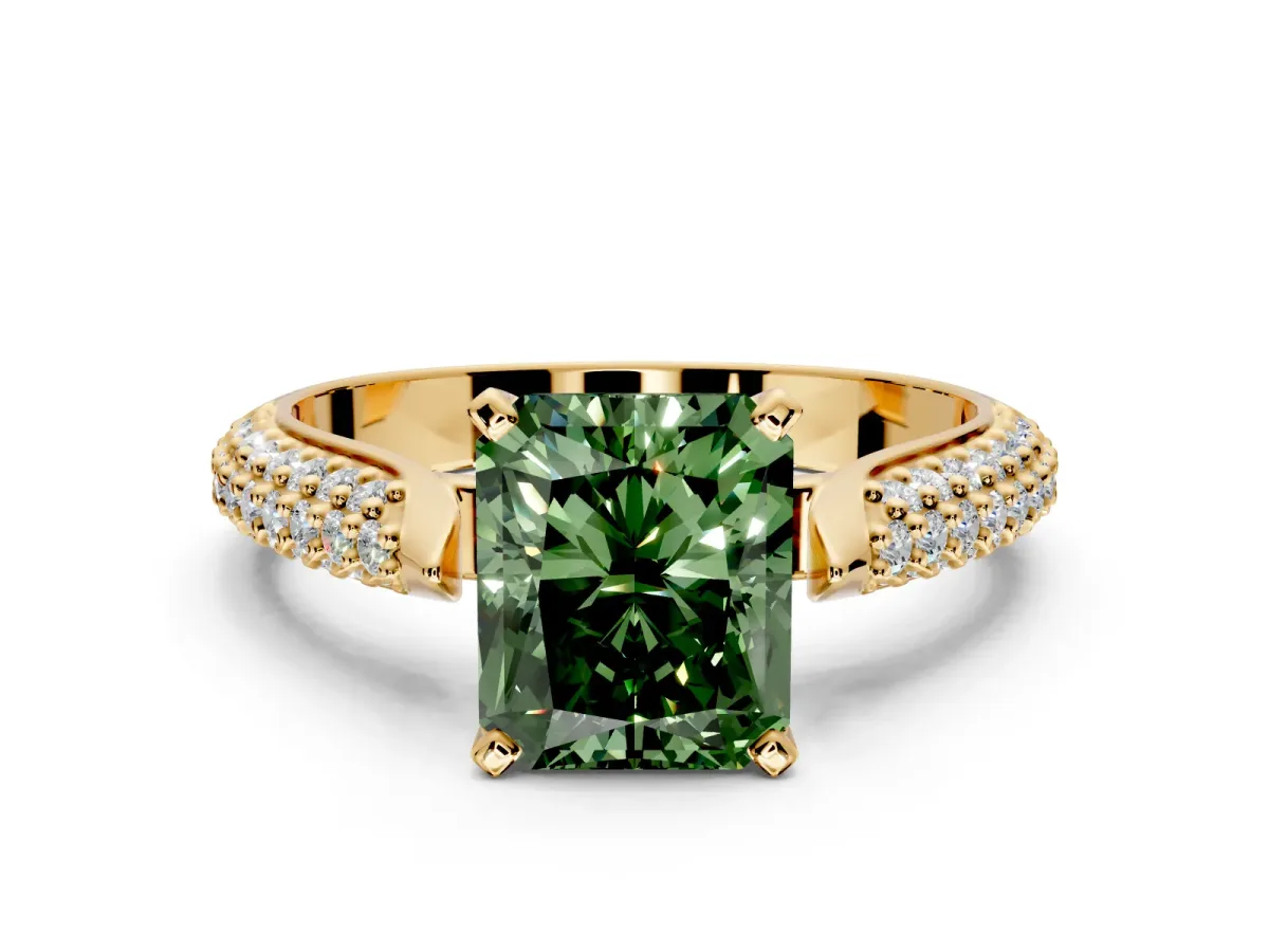 Solitaire Engagement Ring Setting for Fancy Green Radiant Cut Center with Multi-Row Accents and Prong Head in Yellow Gold