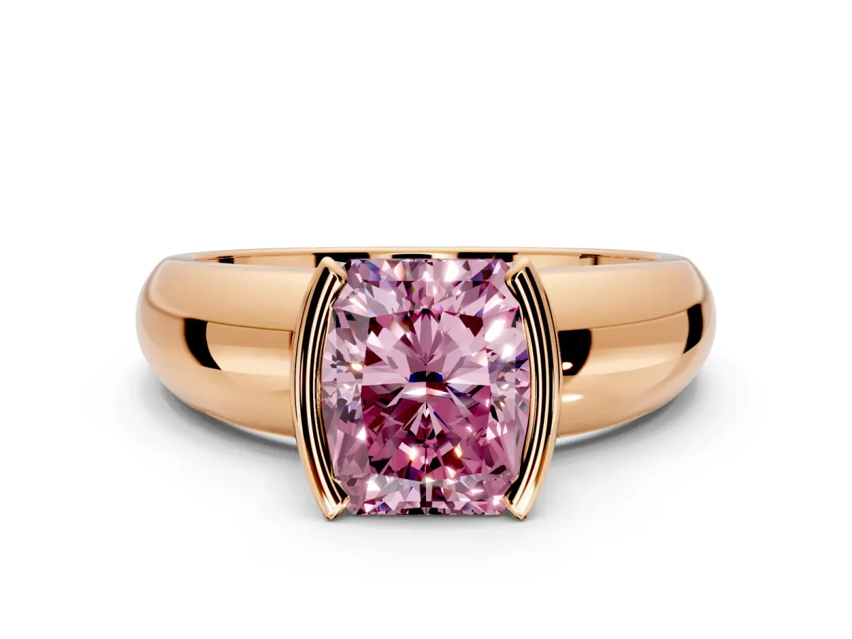 Tension Engagement Ring Setting for Fancy Pink Radiant Cut Center with Wide Flat Band and Tension Head in Rose Gold
