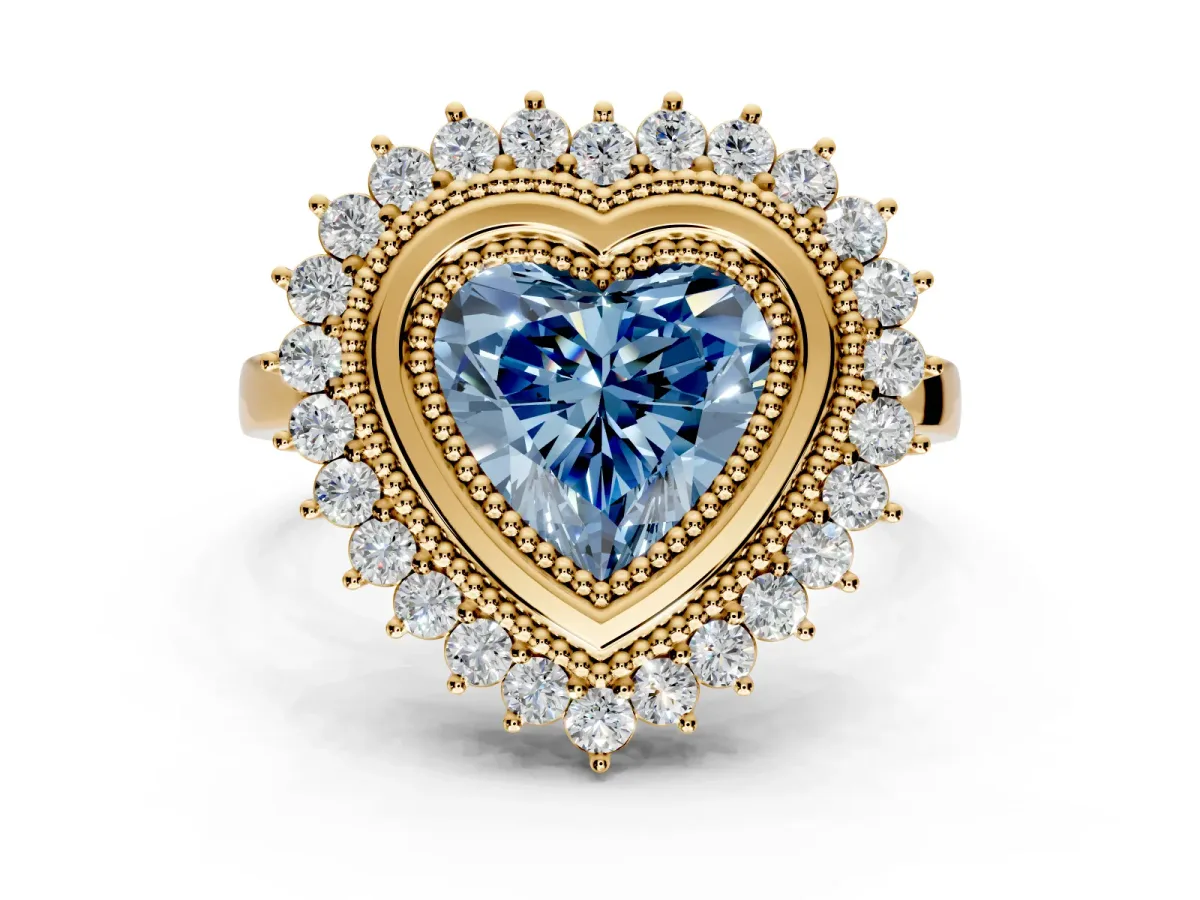 Halo Engagement Ring Setting for Fancy Blue Heart-Shaped Center with Milgrain Bezel Rim, Plain Band and Prong Head in Yellow Gold