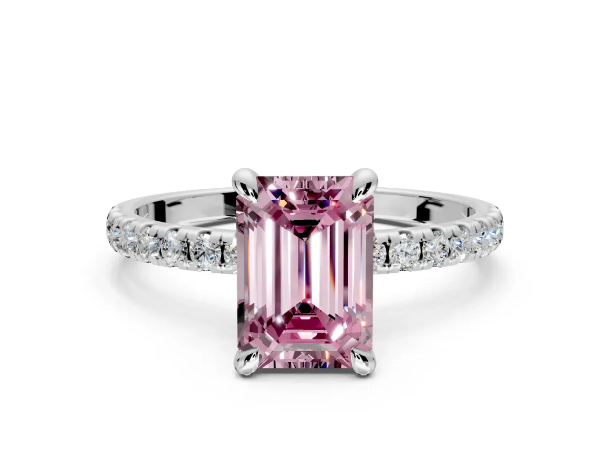 Solitaire Engagement Ring Setting for Fancy Pink Emerald Cut Center with Fine Pave Narrow Band and Prong Head in Sterling Silver