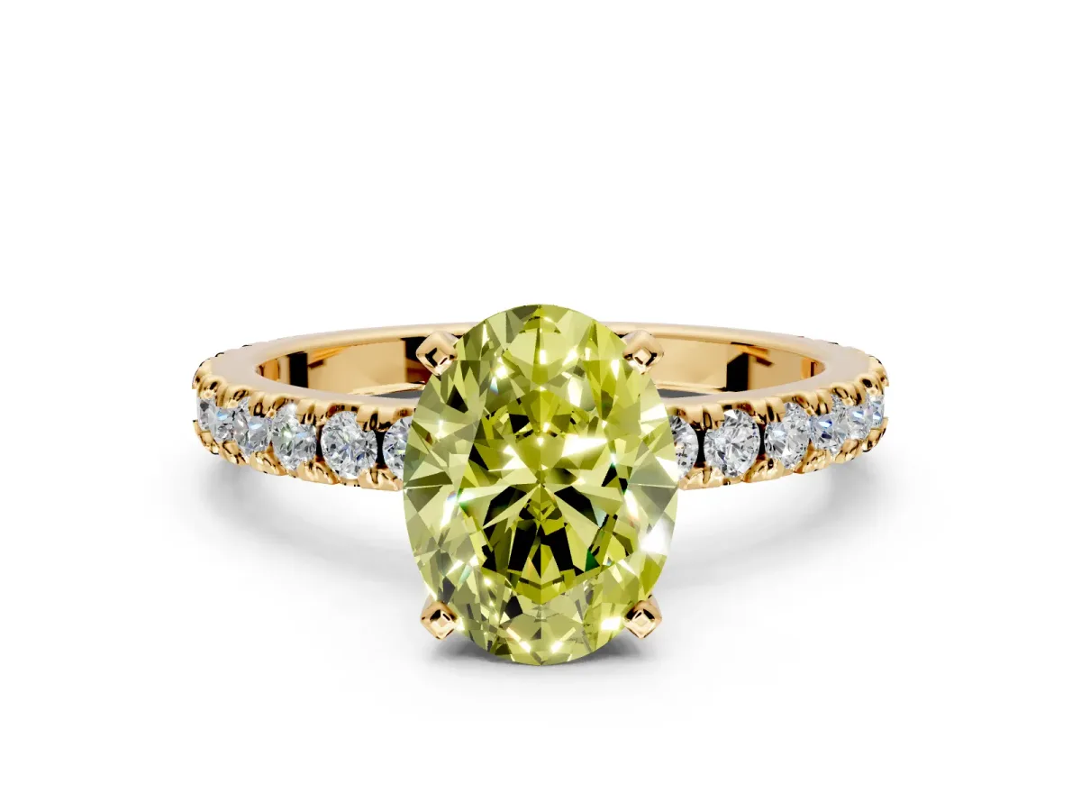 Solitaire Engagement Ring Setting for Fancy Yellow Oval Center with Fine Pave Band and Claw Prong Head in Yellow Gold