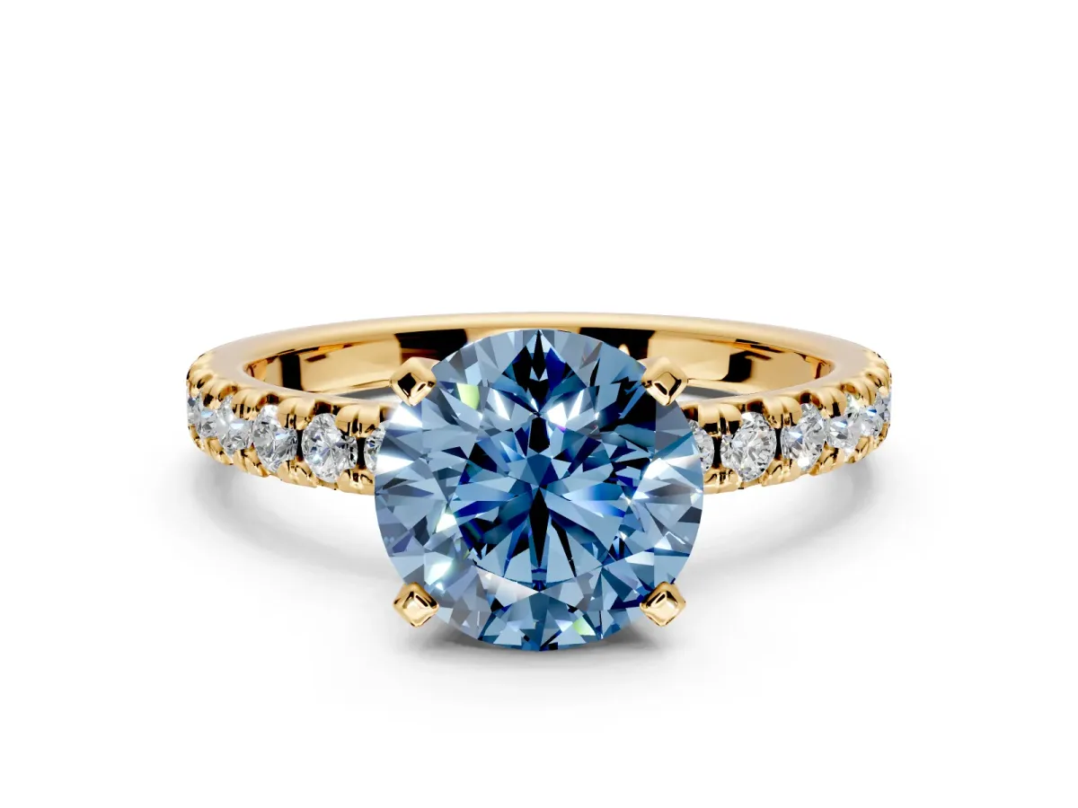 Solitaire Engagement Ring Setting for Fancy Blue Round Cut Center with Large Accents and Prong Head in Yellow Gold