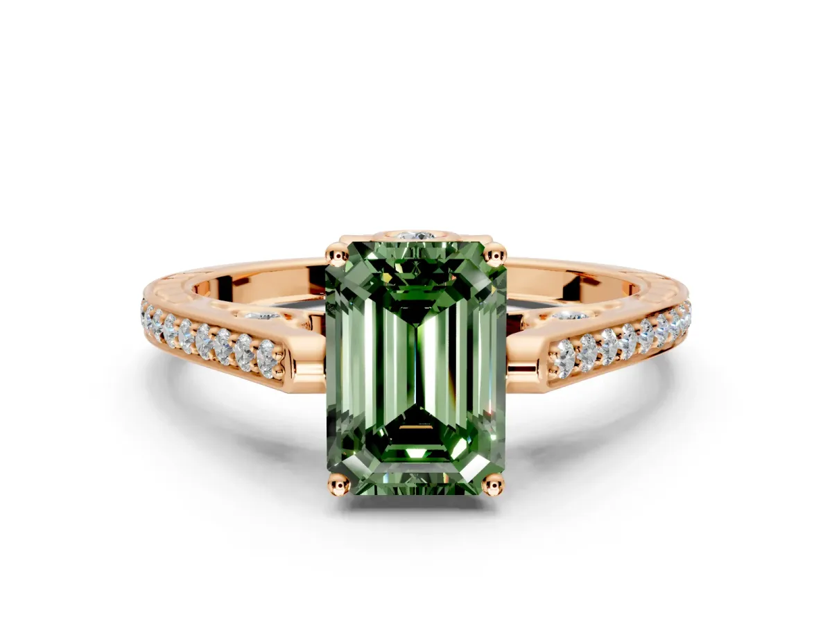 Cathedral Engagement Ring Setting for Fancy Green Emerald Cut Center with Antique-Style Pave Band and Prong Head in Rose Gold