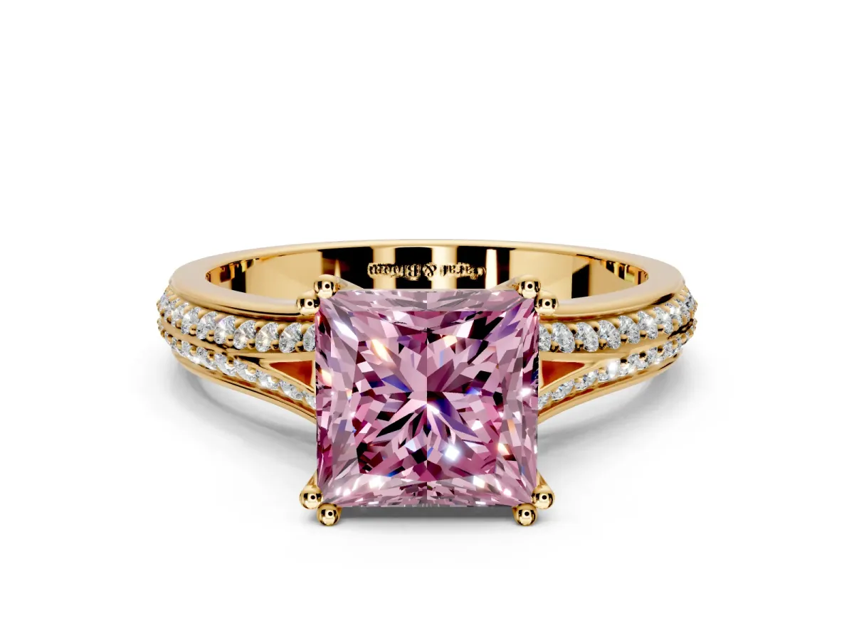 Solitaire Engagement Ring Setting for Fancy Pink Princess Cut Center with Pave Rail Split Shank and Prong Head in Yellow Gold
