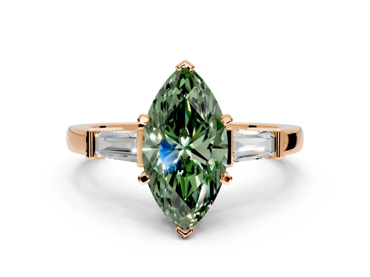 3 Stone Engagement Ring Setting for Fancy Green Marquise Center with Channel Baguette Accents and Prong Head in Rose Gold