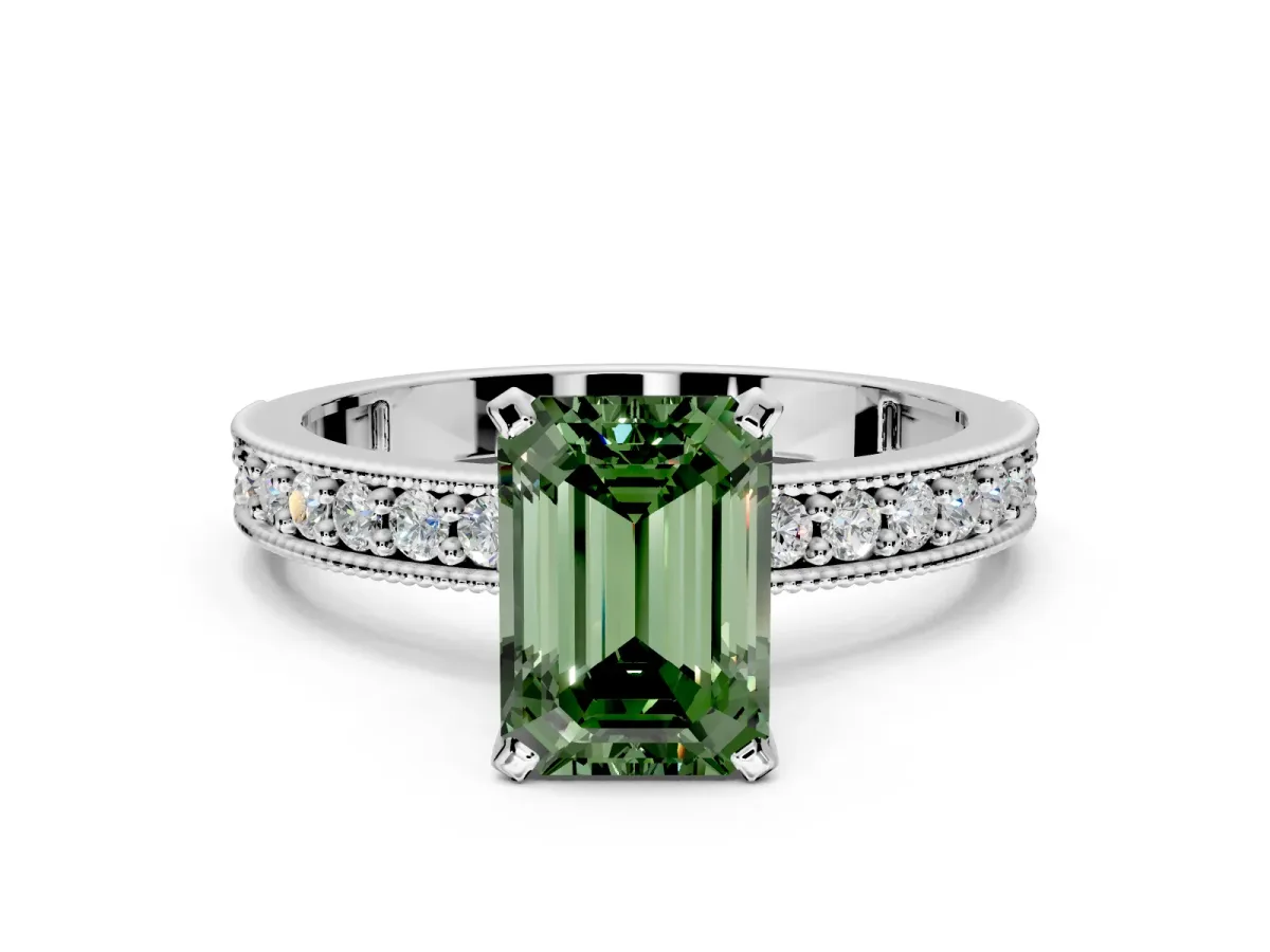 Milgrain Pave Engagement Ring Setting for Fancy Green Emerald Cut Center with Accent Band and Prong Head in Platinum