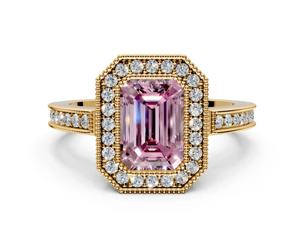 Halo Engagement Ring Setting for Fancy Pink Emerald Cut Center with Milgrain Halo, Pave Band and Prong Head in Yellow Gold