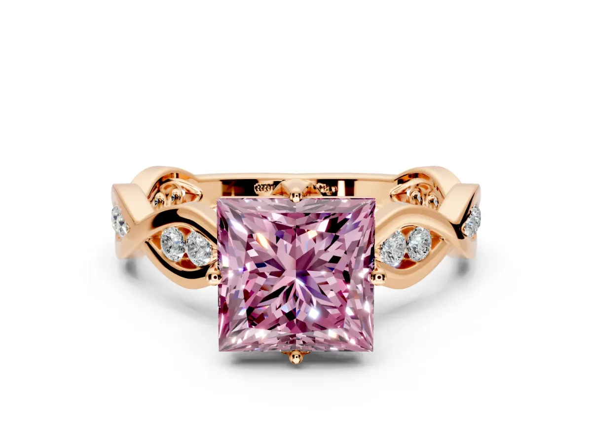 Solitaire Engagement Ring Setting for Fancy Pink Princess Cut Center with Accented Twist Band and Leaf Prong Head in Rose Gold
