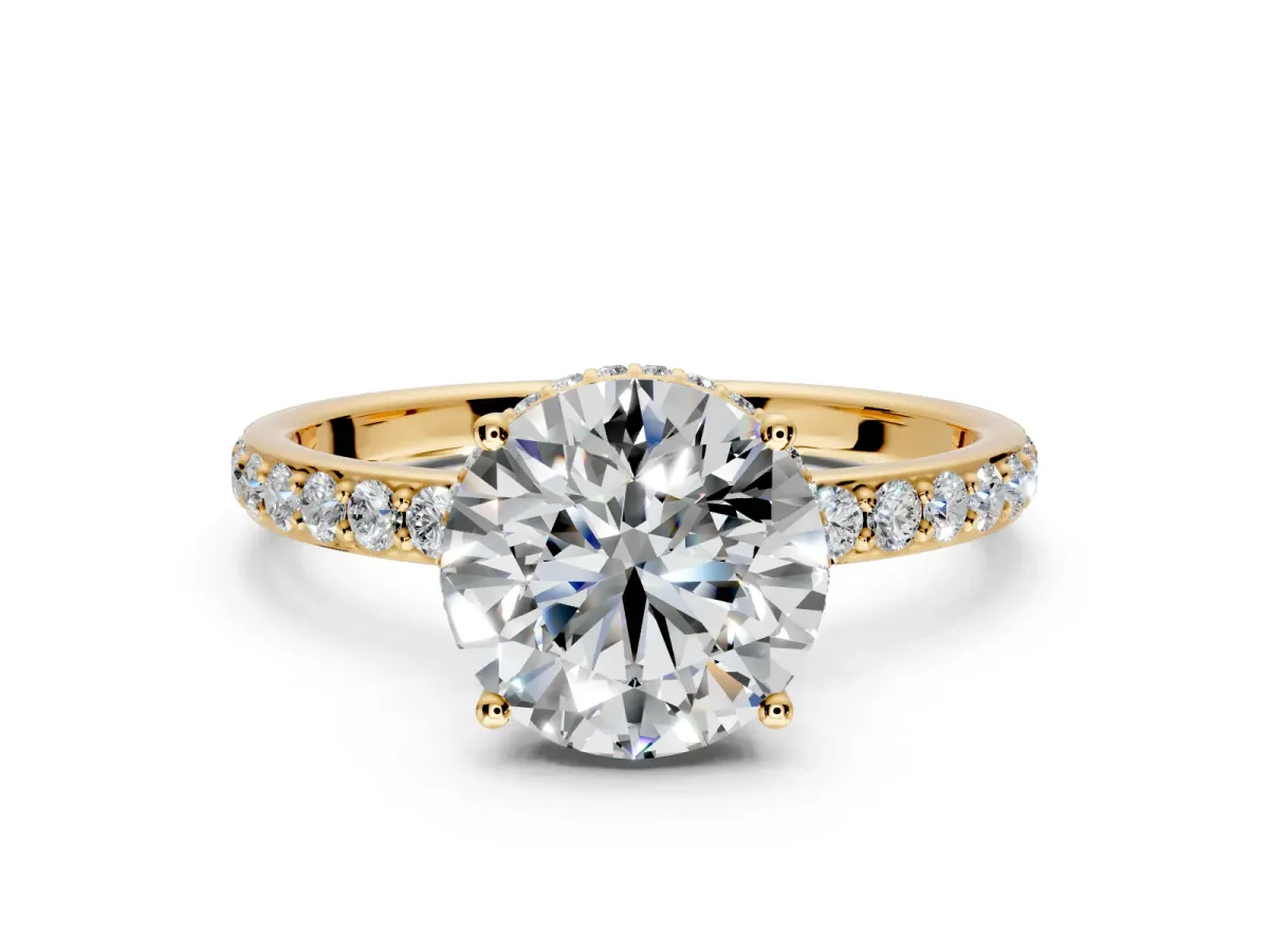 Hidden Halo Engagement Ring Setting for Round Cut Center with Pave Band and Prong Head in Yellow Gold