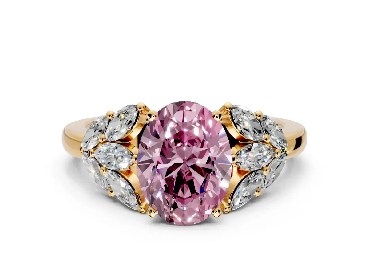 Leaf Cluster Engagement Ring Setting for Fancy Pink Oval Center with Marquise Accents and Prong Head in Yellow Gold