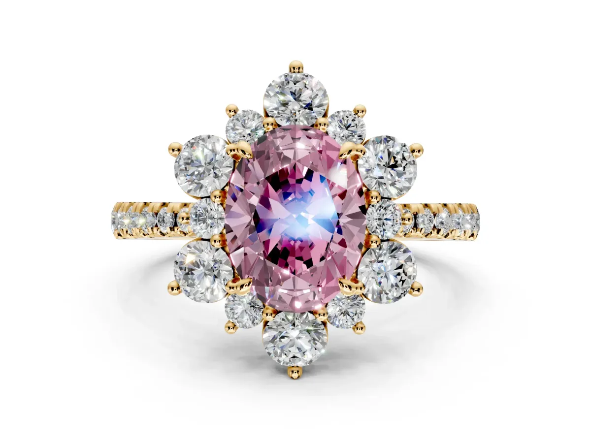 Floral Halo Engagement Ring Setting for Fancy Pink Oval Center with Pave Accents and Prong Head in Yellow Gold