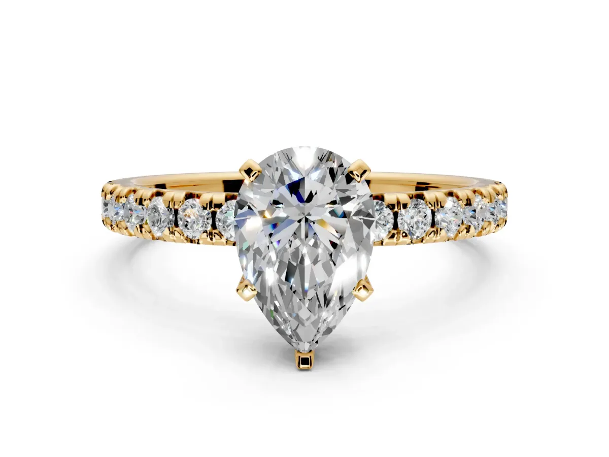 Solitaire Engagement Ring Setting for Pear-Shaped Center with Large Accents and Prong Head in Yellow Gold