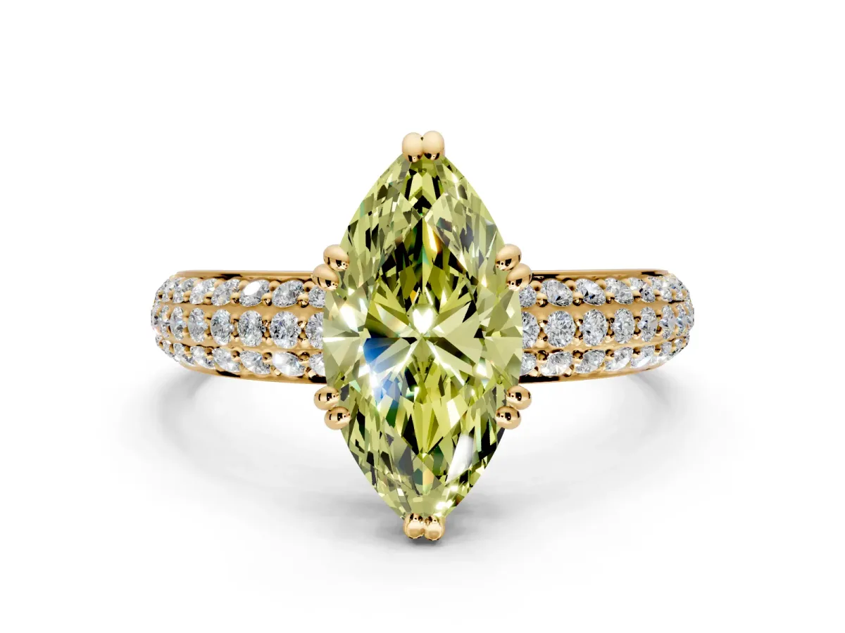 Solitaire Engagement Ring Setting for Fancy Yellow Marquise Center with Multi-Row Pave Accents and Basket Head in Yellow Gold
