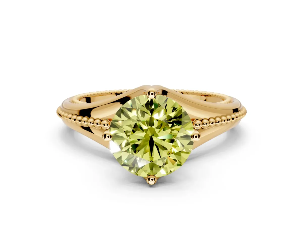 Solitaire Engagement Ring Setting for Fancy Yellow Round Cut Center with Milgrain Cathedral Band and Prong Head in Yellow Gold