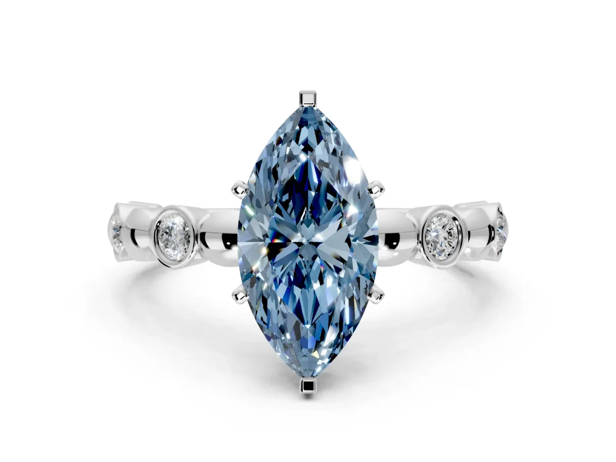 Solitaire Engagement Ring Setting for Fancy Blue Marquise Center with Beaded Bezel Station Band and Prong Head in Platinum
