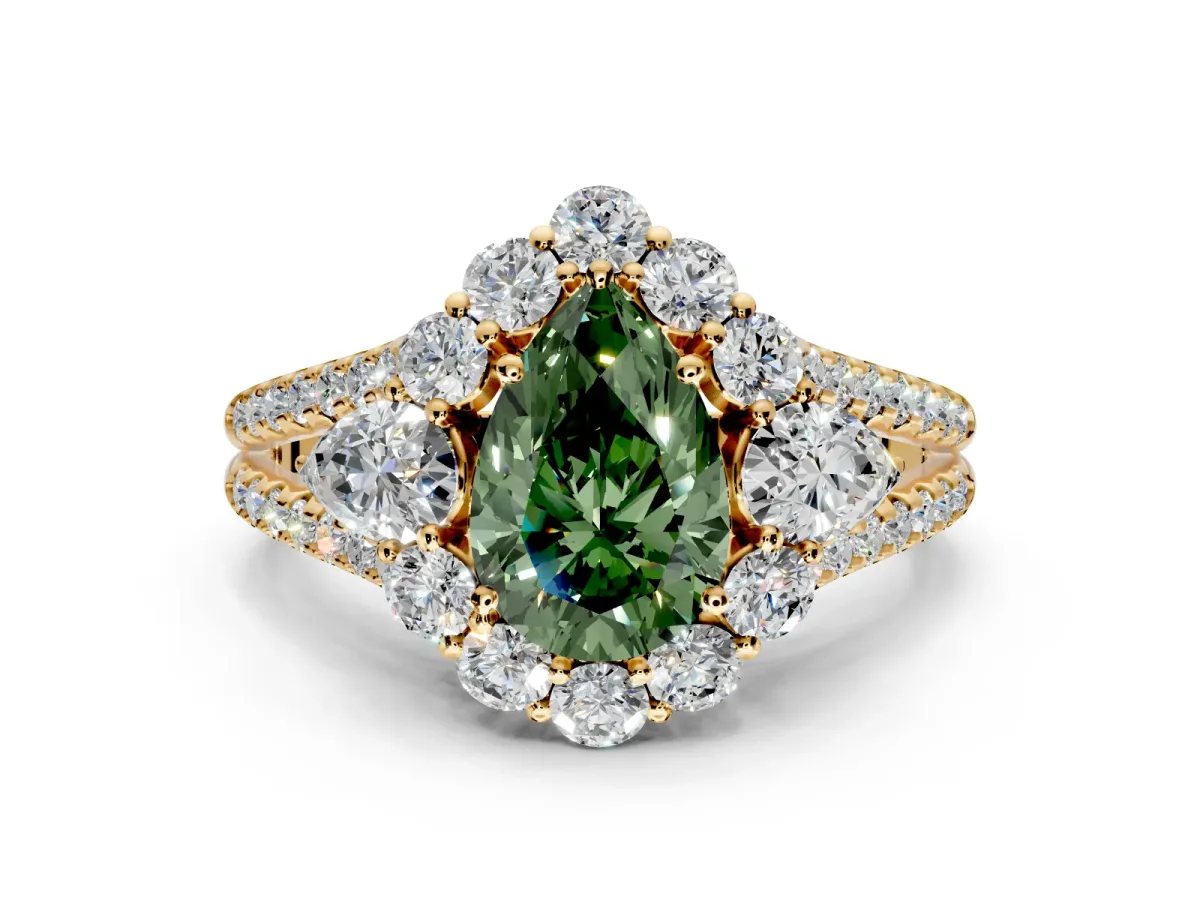 Halo Engagement Ring Setting for Fancy Green Pear-Shaped Center with Two-Strand Split Shank and Prong Head in Yellow Gold