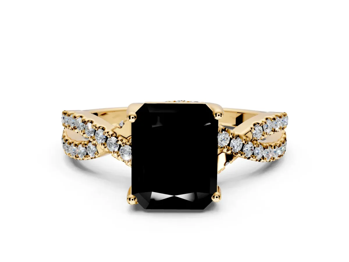Solitaire Engagement Ring Setting for Fancy Black Radiant Cut Center with Narrow Twist Pave Band and Prong Head in Yellow Gold