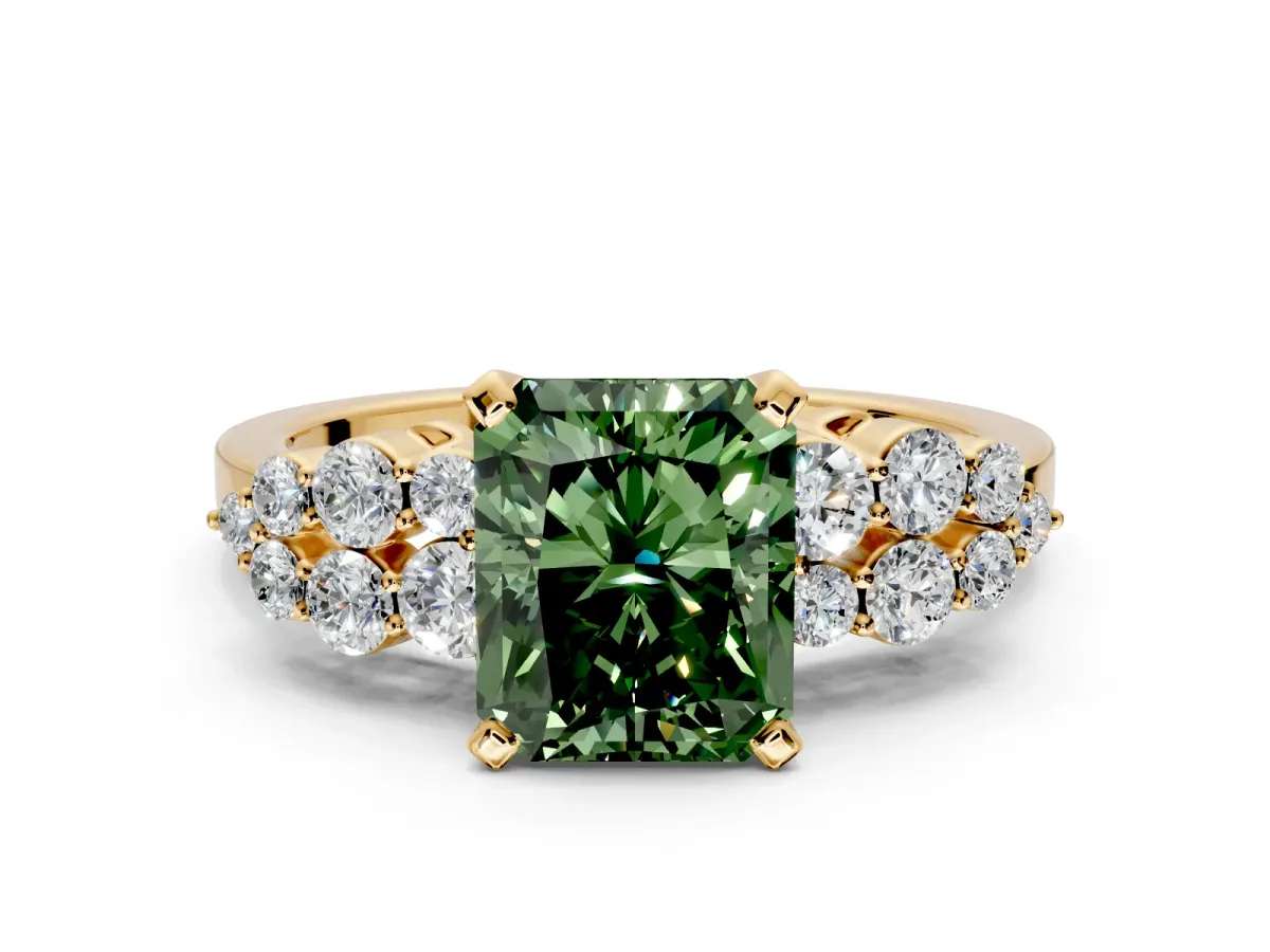 Cluster Engagement Ring Setting for Fancy Green Radiant Cut Center with 2-Row Shoulder Clusters and Prong Head in Yellow Gold