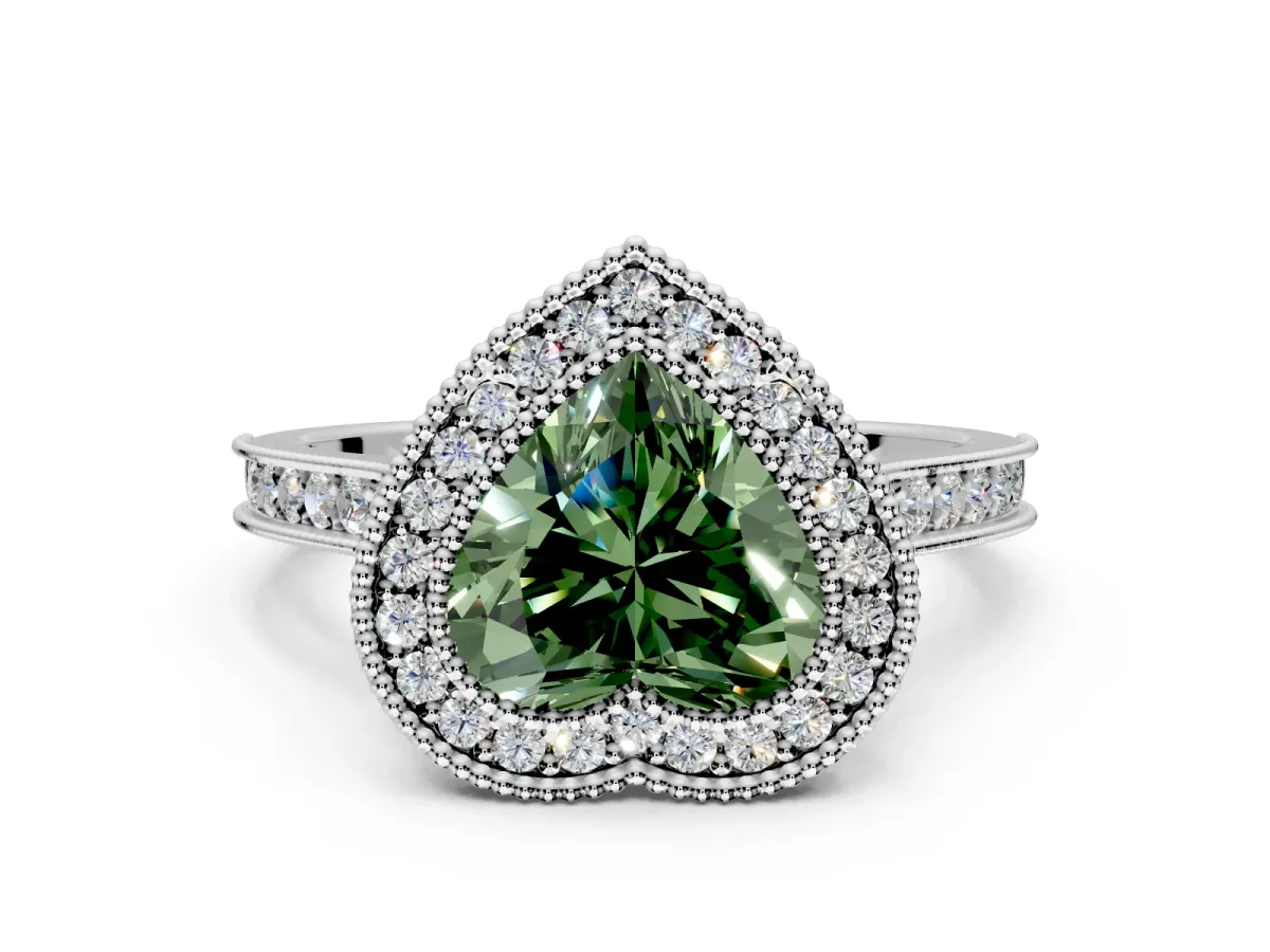 Halo Engagement Ring Setting for Fancy Green Heart-Shaped Center with Milgrain Pave Band and Bezel Head in Platinum