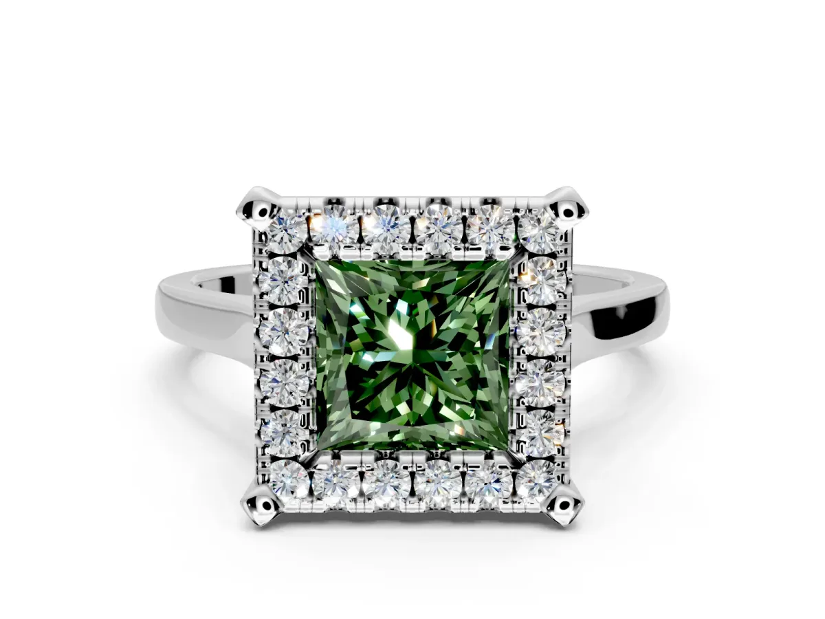 Single Halo Engagement Ring Setting for Fancy Green Princess Cut Center with Corner Claws, Plain Band and Prong Head in White Gold