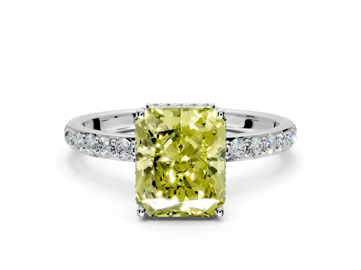 Hidden Halo Engagement Ring Setting for Fancy Yellow Radiant Cut Center with Pave Band and Prong Head in Sterling Silver