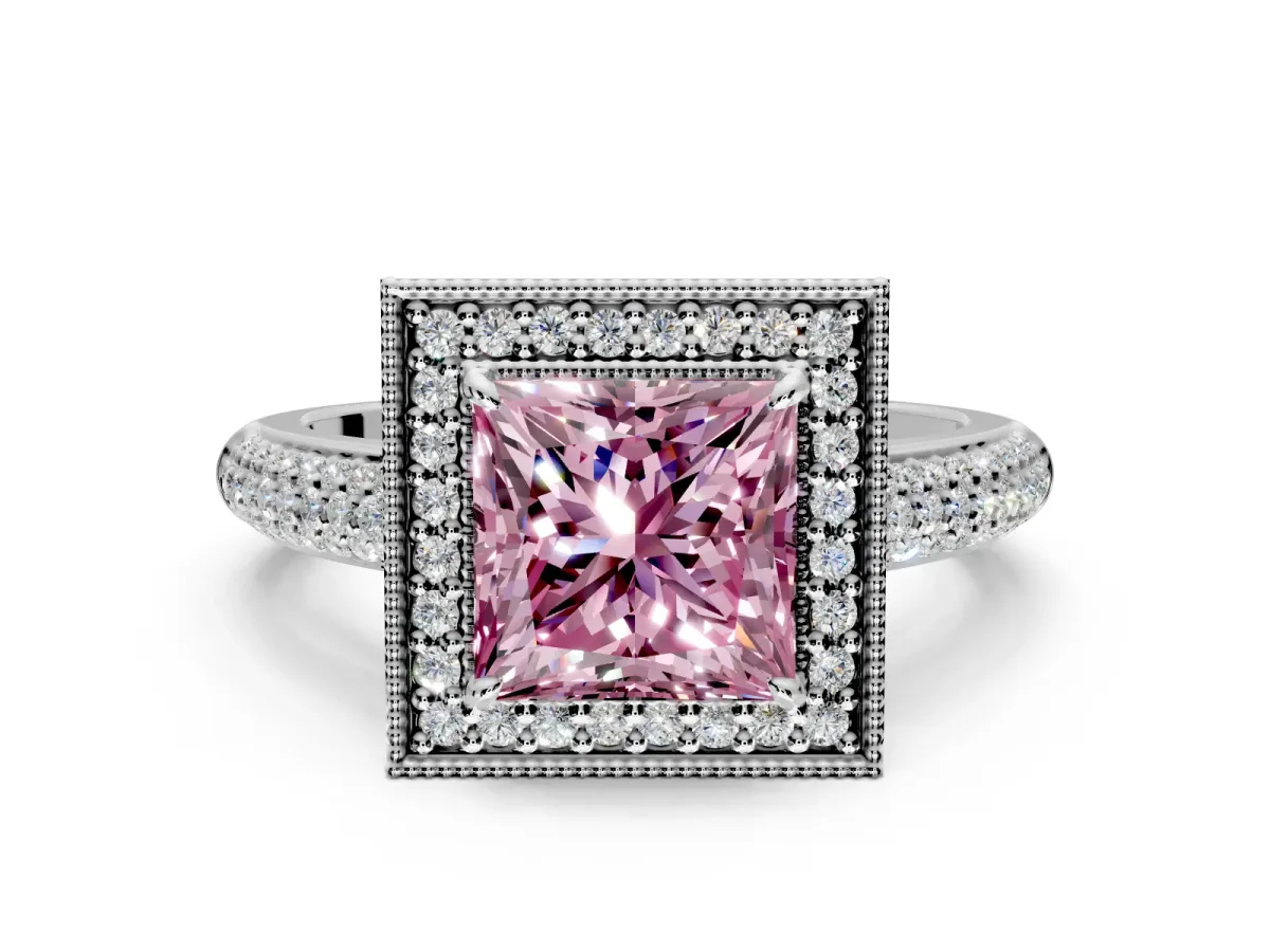 Milgrain Halo Engagement Ring Setting for Fancy Pink Princess Cut Center with Three-Sided Pave Band and Prong Head in Sterling Silver