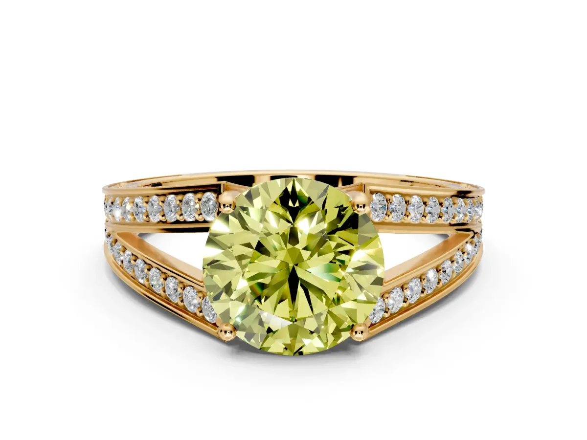 Split Shank Engagement Ring Setting for Fancy Yellow Round Cut Center with Pave Split Shank and Prong Head in Yellow Gold