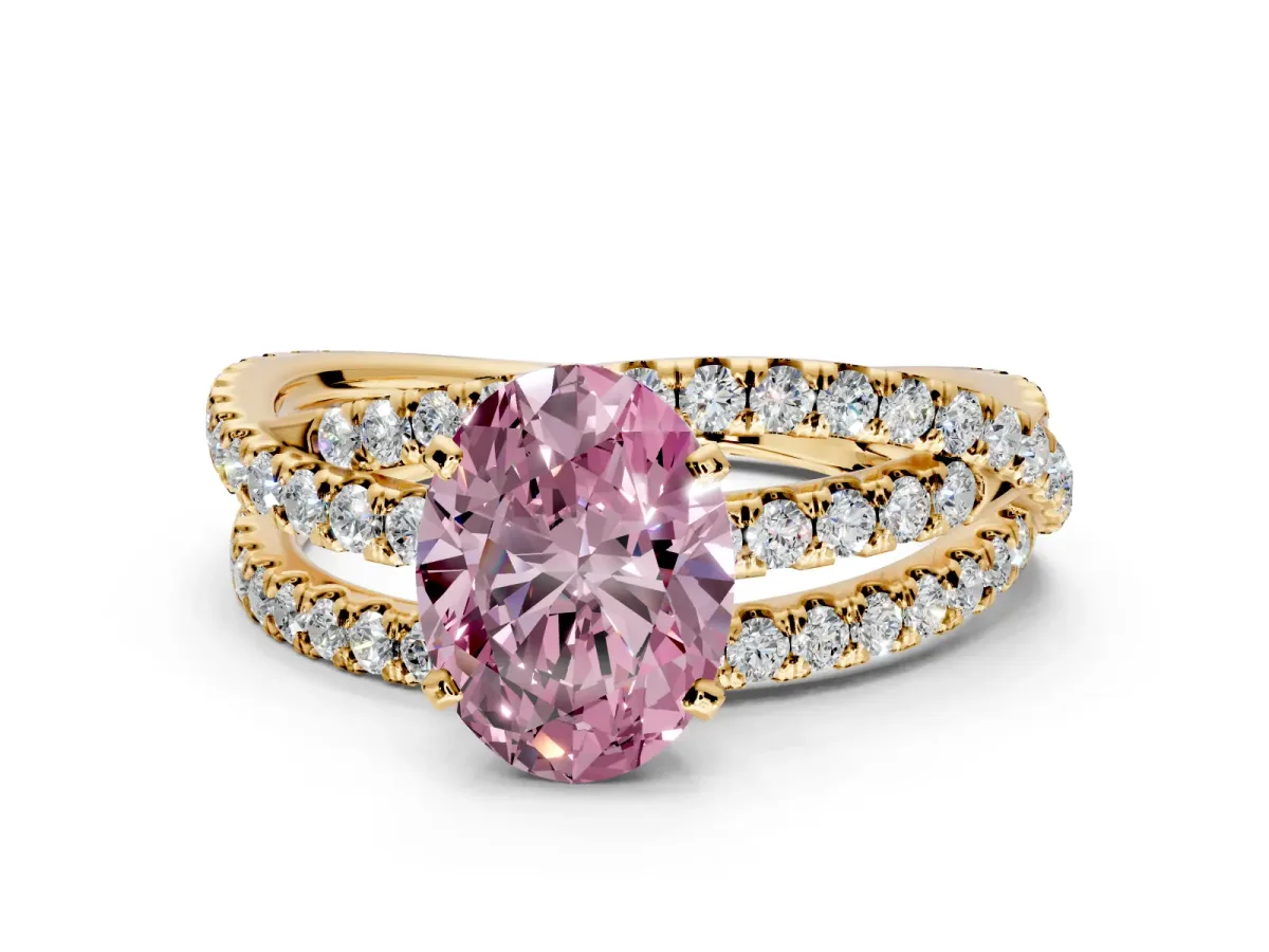 Solitaire Engagement Ring Setting for Fancy Pink Oval Center with Woven 3-Strand Pave Band and Prong Head in Yellow Gold