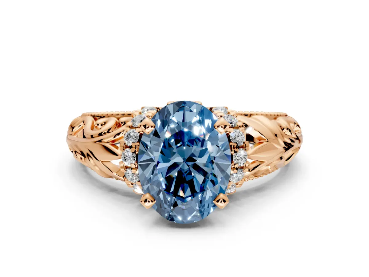 Solitaire Engagement Ring Setting for Fancy Blue Oval Center with Filigree Accent Basket and Prong Head in Rose Gold