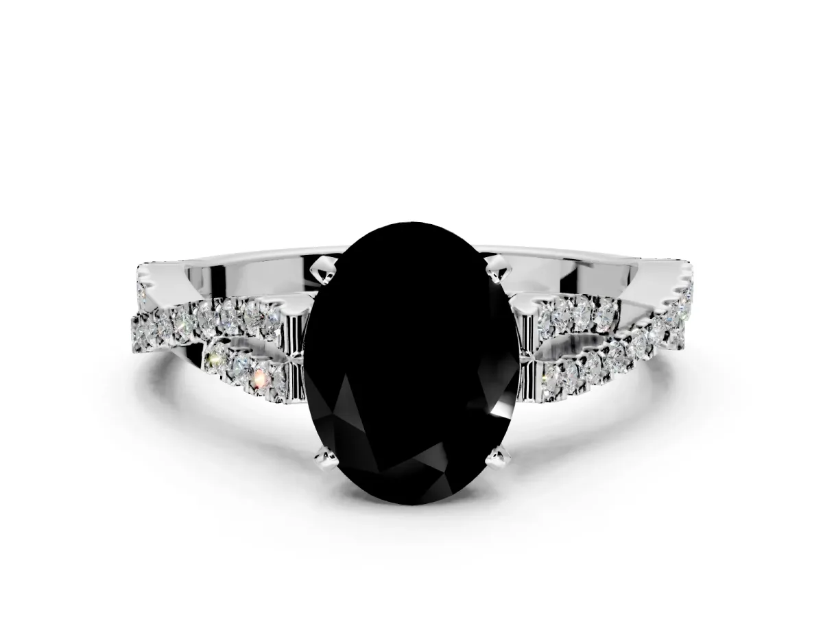Solitaire Engagement Ring Setting for Fancy Black Oval Center with Twisted Pave Split Shank and Prong Head in Sterling Silver