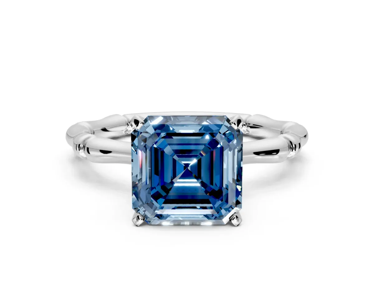 Solitaire Engagement Ring Setting for Fancy Blue Asscher Cut Center with Bamboo Band and Prong Head in White Gold
