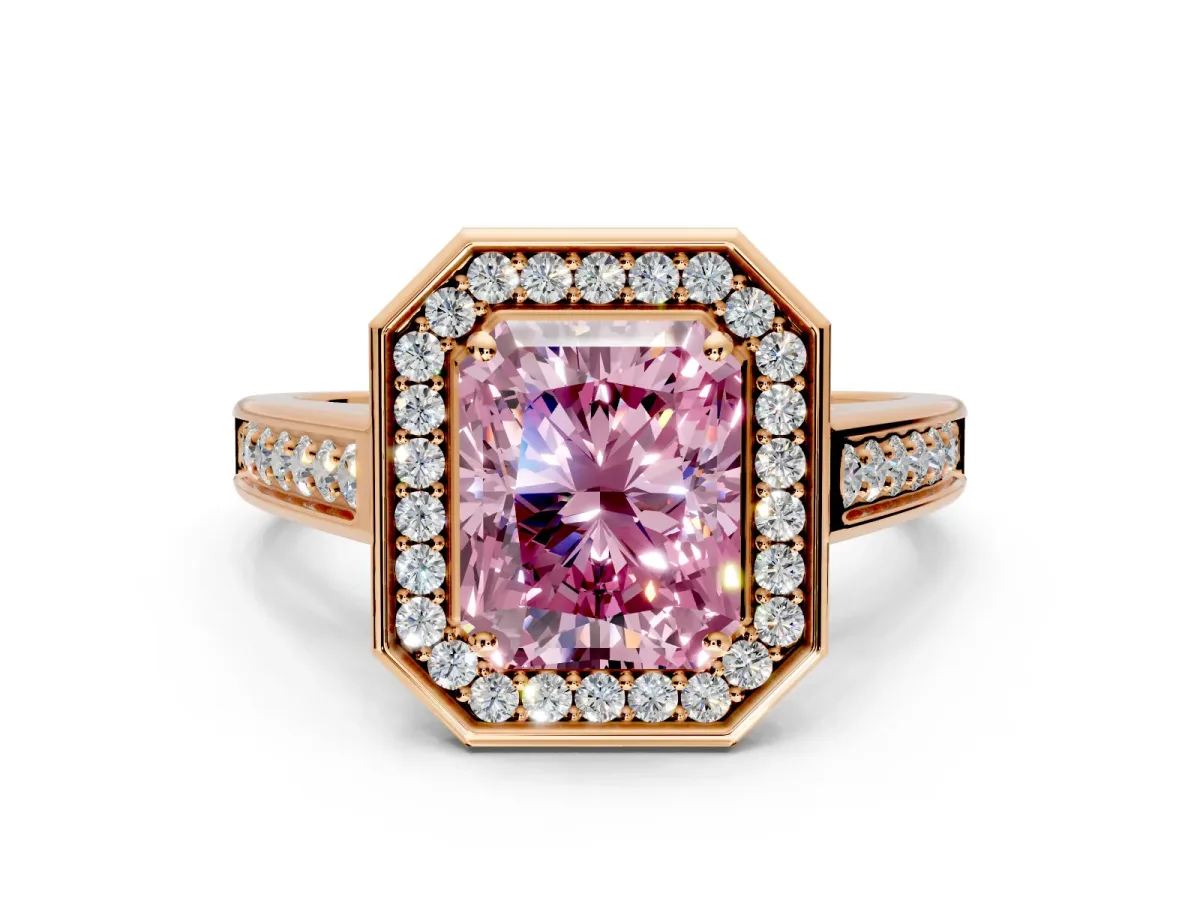 Halo Engagement Ring Setting for Fancy Pink Radiant Cut Center with Outer Bezel Rim, Pave Band and Prong Head in Rose Gold