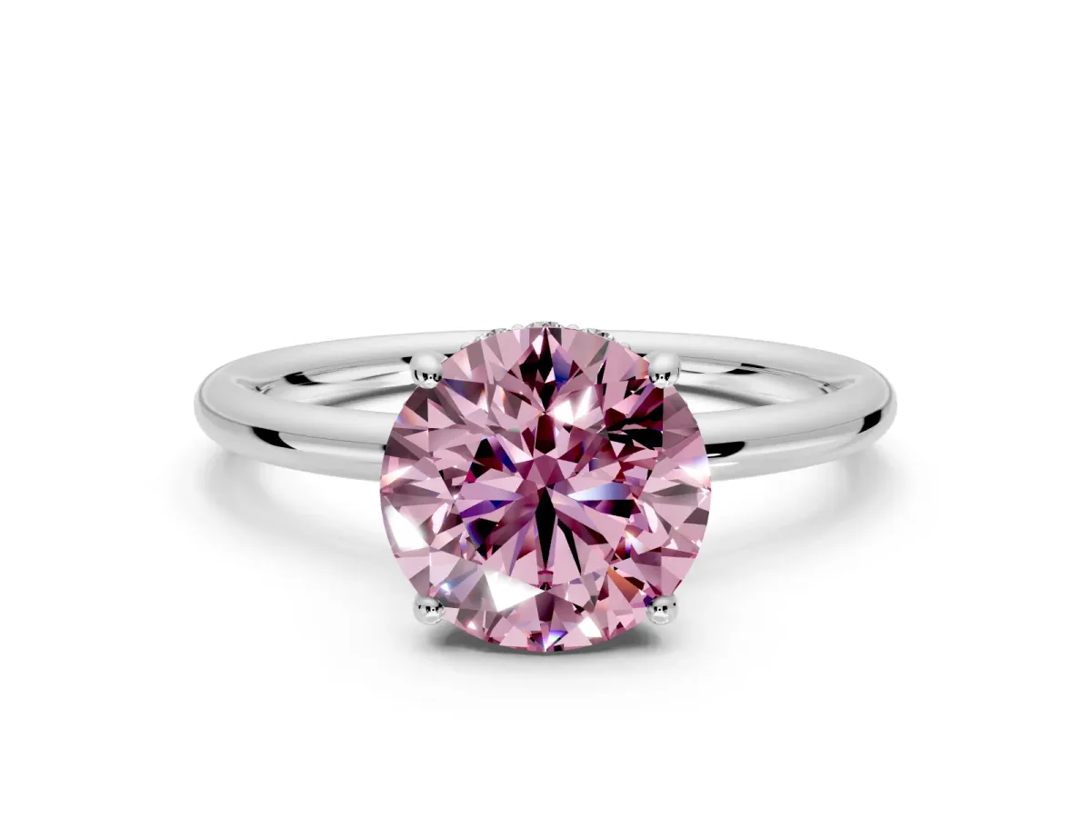Solitaire Engagement Ring Setting for Fancy Pink Round Cut Center with Plain Band, Open Basket and Prong Head in White Gold