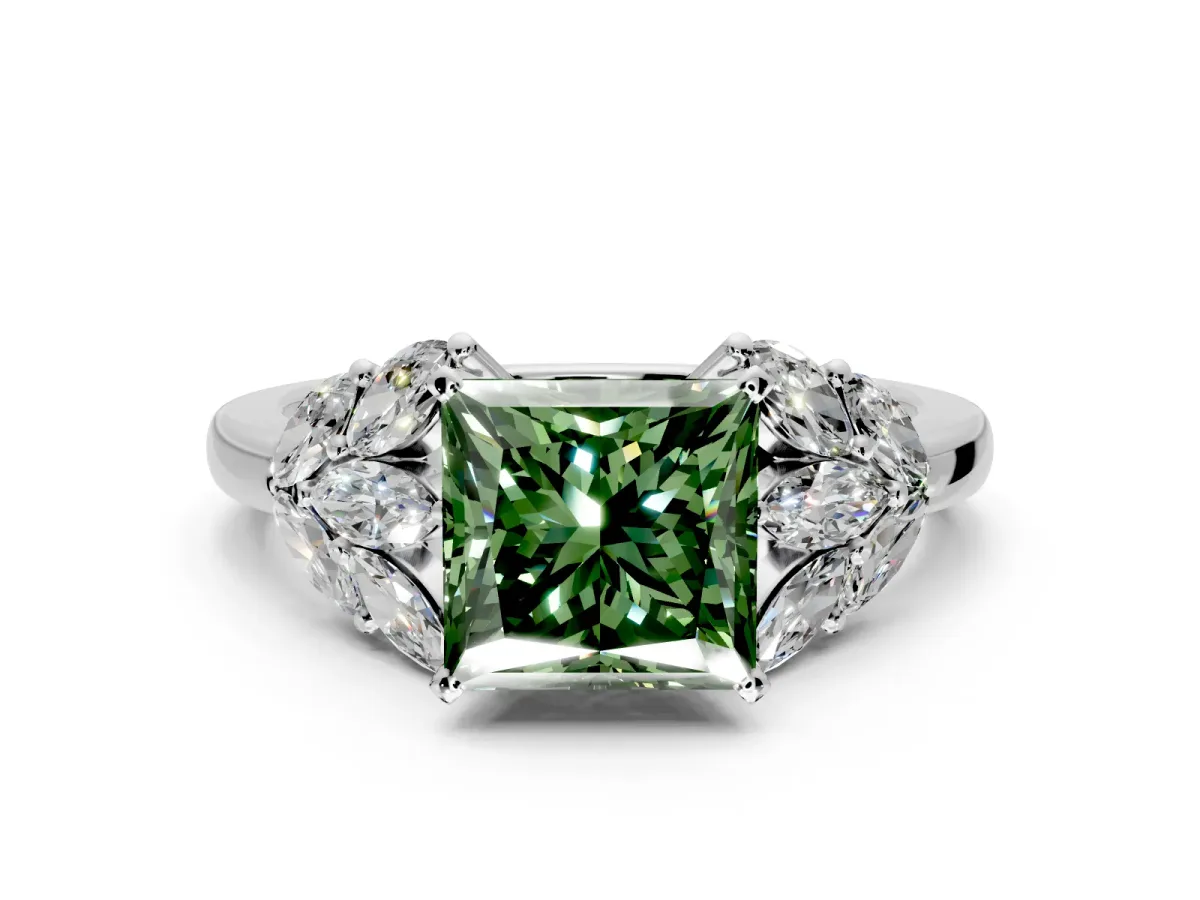 Leaf Cluster Engagement Ring Setting for Fancy Green Princess Cut Center with Marquise Accents and Prong Head in Platinum